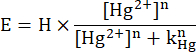 Equation illustrating mercury ion concentration in chemical equilibrium analysis.