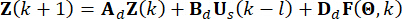 Control system equation diagram: Z(k+1)=AaZ(k)+BaUs(k-l)+DaF(Θ,k) dynamics analysis.