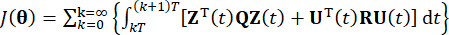 Optimal control cost function formula, Σk=0∞, integral, Z(t), U(t), applied mathematics.