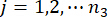 Equation for index range in summation, j=1,2,...n₃, used in mathematical series analysis.