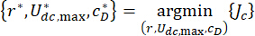 Equation showing optimization concept with argmin; variables include r, Udc,max, cD.
