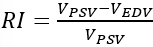 Resistance index equation, RI = (V_PSV - V_EDV) / V_PSV, used in hemodynamics research.