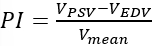 Pulsatility Index formula: PI=(V_PSV-V_EDV)/V_mean, used in hemodynamic studies.