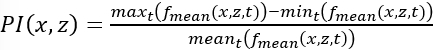 Probability index formula; PI(x,z)=max-min/mean, equation for statistical data analysis.