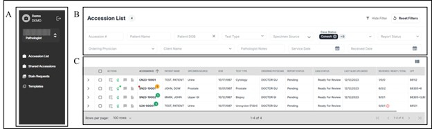 figure-results-3 Accession list interface, patient data management system, lab order status, data organization tool.