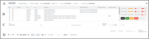 figure-results-4 Pathology report interface diagram showing diagnosis codes and sample indicators for medical review.