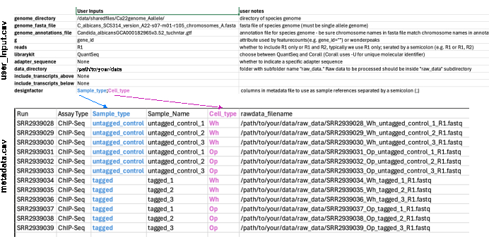 Transcriptomics metadata table; ChiP-Seq sample type, cell type annotation, data file paths.