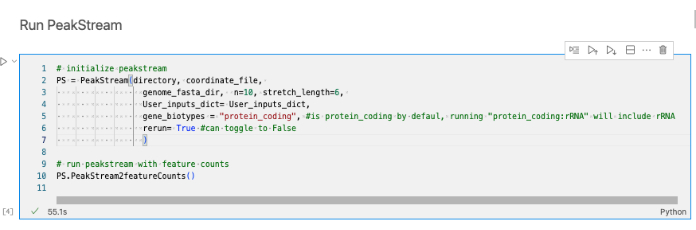 PeakStream initialization code, Python script for feature counting in genomic data analysis.