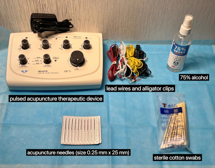 figure-results-1 Pulsed acupuncture setup with therapeutic device, needles, lead wires, 75% alcohol, cotton swabs.