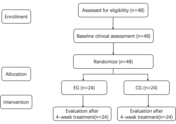figure-results-1 Flowchart of clinical trial process; randomization, assessment, and evaluation phases depicted.