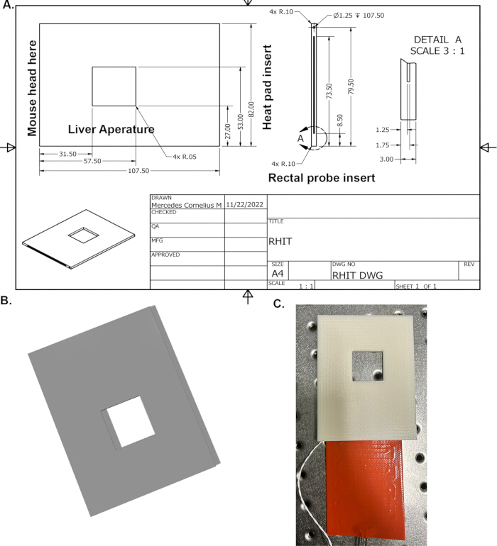 Mouse liver aperture design; engineering schematic and 3D model with probe insert.