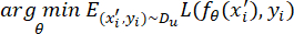 Optimization formula argmin E[(xᵢ,yᵢ)~Dᵤ] L(fₑ(xᵢ),yᵢ), mathematical expression.