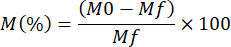 Mass change formula M(%)=(M0-Mf)/Mf×100, equation, used in analytical chemistry studies.