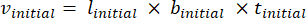 Equation for initial volume calculation; equation: \( v_{\text{initial}} = l_{\text{initial}} \times b_{\text{initial}} \times t_{\text{initial}} \).