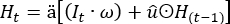 Recurrent neural network formula: Ht=σ([It·ω]+û⊙H(t-1)); equation representation.