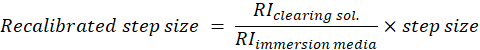 Recalibrated step size equation in optical measurement diagram; adjust RI for accuracy.
