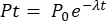 Exponential decay formula, \( P_t = P_0 e^{-\lambda t} \), mathematical equation.