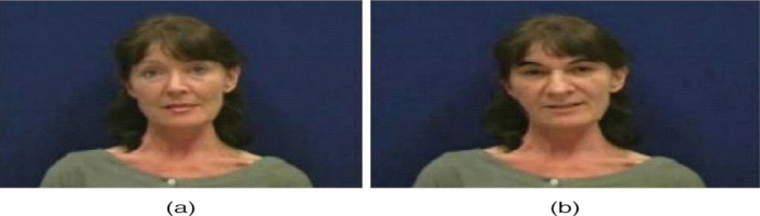 Comparison of facial expressions showing emotional differences in psychological study; two images.