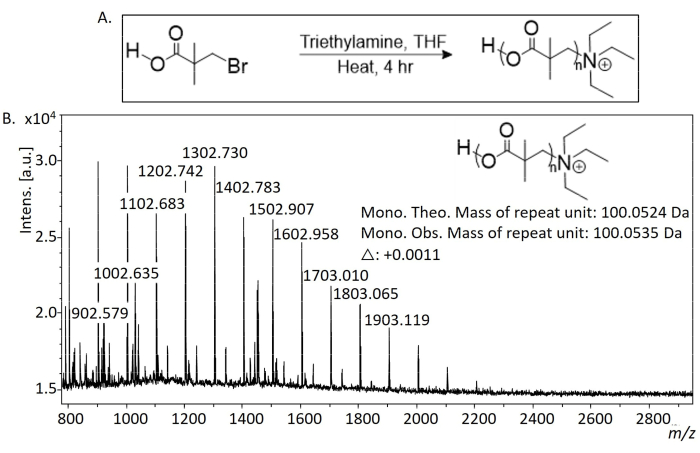 figure-results-5 Polymer synthesis mechanism, mass spectrometry analysis, graph of m/z vs. intensity and formula.