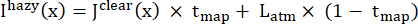 Dehazing process equation: I\_hazy(x)=I\_clear(x)×t\_map+L\_atm×(1−t\_map).