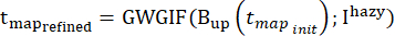 Equation showing refined temperature mapping formula for atmospheric haze analysis.