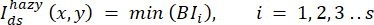 Mathematical formula: I_hazy(ds)(x,y) = min(BI_i), image processing equation analysis.