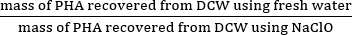 PHA recovery equation, mass of fresh water over mass with NaClO, formula presentation.