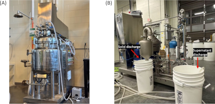 Bioreactor and decanter system; solid and supernatant discharge setup; industrial processing.