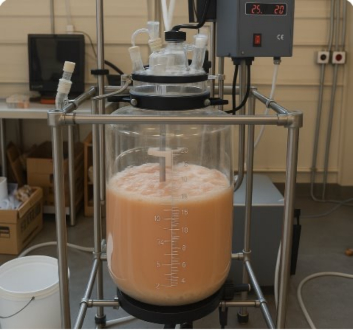 Fermentation process with bioreactor setup, measuring microbial growth, temperature-controlled.
