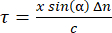 Static equilibrium equation τ=(xsin(α)Δn)/c; relevant in physics, mathematical formula.