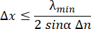 Diffraction limit equation Δx ≤ λmin/2sinαΔn, related to optical resolution limits.