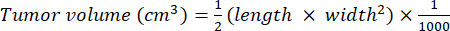 Tumor volume equation, \( V = \frac{1}{2} \times \text{length} \times \text{width}^2 \times \frac{1}{1000} \).