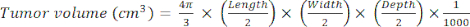 Tumor volume calculation formula, equation for 3D measurement in cubic centimeters.