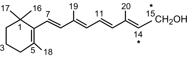 figure-results-1 Chemical structure diagram of vitamin A, showing molecular bonds and hydroxyl group (CH2OH).