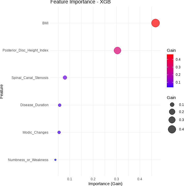 Feature importance chart, XGB model, showing BMI as key; gain indicated by color and size.