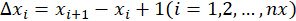 Finite difference equation, Δx_i = x_(i+1) - x_i + 1, numerical analysis concept diagram.