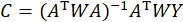 Linear regression normal equation, C = (AᵀWA)⁻¹AᵀWY, mathematical method for coefficient estimation.