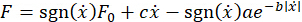 Damping force equation F=sgn(x)F₀+cẋ-sgn(x)ae^(-b|ẋ|), physics formula, dynamic motion analysis.