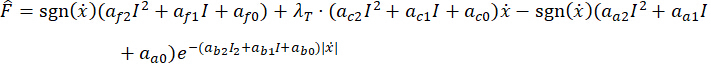 Nonlinear dynamic system formula, F̂=sgn(ẋ)(a_f2I²+...), symbolic equation analysis.