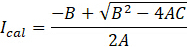 Quadratic equation formula, I_cal = (-B ± √(B²-4AC)) / 2A. Mathematical concept illustration.