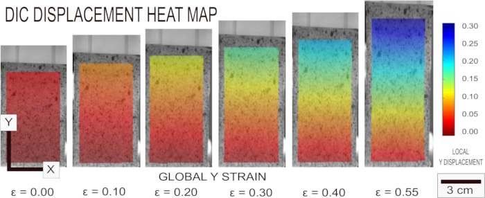 DIC displacement heat map showing global Y strain, local Y displacement, color gradient chart.
