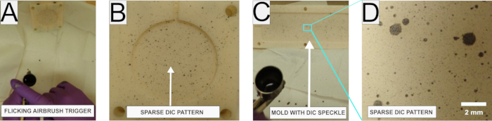 Dynamic image correlation pattern process; airbrush application; mold features; 2 mm scale; setup.