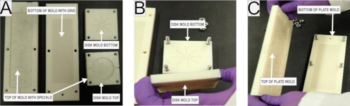 Mold assembly steps in materials fabrication; includes top/bottom labeling; with grid, speckle patterns.