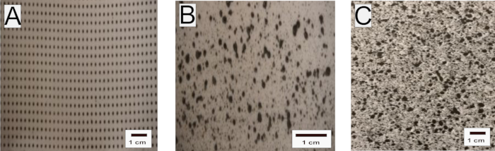 Particle distribution on surfaces; microscopic image analysis with scale bars.