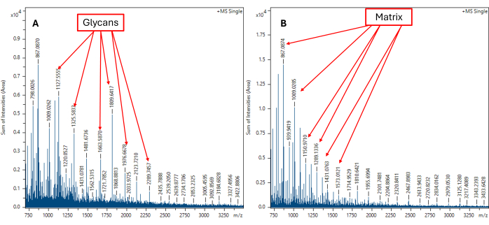 figure-results-4 Glycan and matrix analysis; mass spectrometry chart comparing ion intensities by m/z values.