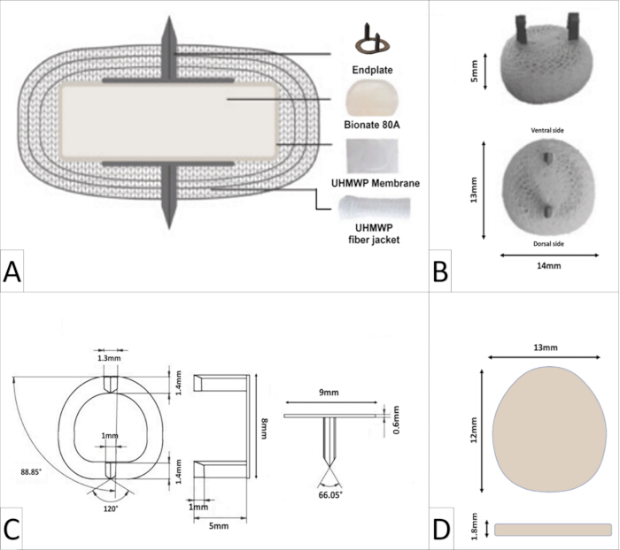 Biomedical implant diagram with fiber jacket, membrane, and endplate components; technical specs included.