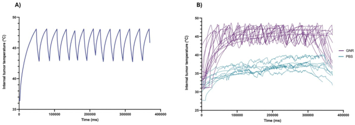Internal tumor temperature graph, transient thermal response data, showing time vs. temperature analysis.