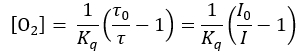 Static quenching formula, equation for oxygen concentration analysis, fluorescence spectroscopy.