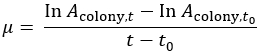 figure-results-1 Bacterial growth rate formula, μ=(lnA_colony,t-lnA_colony,t0)/(t-t0), mathematical equation.