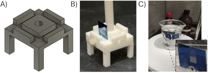 figure-protocol-2 Lab setup for film tension testing device; includes support structure, sample holder, water bath.